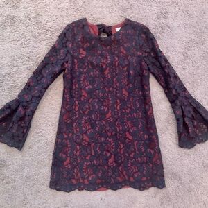 Wayf Navy and Burgundy Lace Bell Sleeve Mini Dress